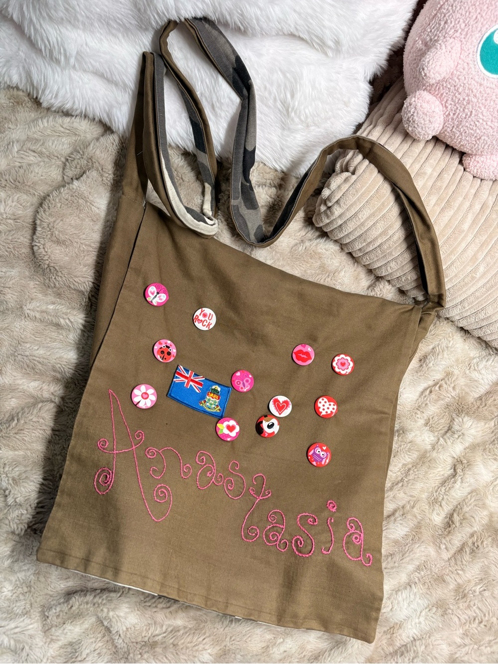 Personalized Brown Canvas Tote Bag with Pink Embroidery